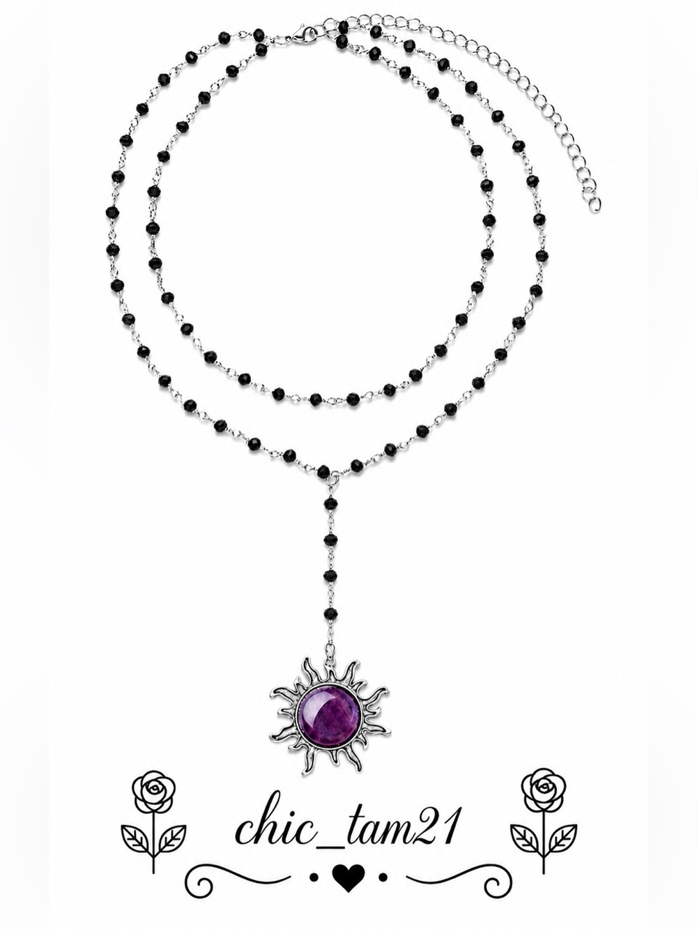 Silver Sunburst Pendant Y-Necklace with Purple Stone